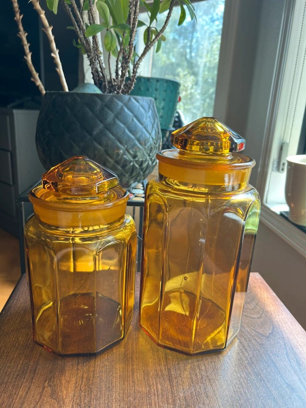 LE Smith Amber glass canisters jars 10.5 & 12 inch